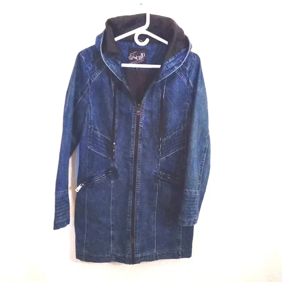 Oxygen Women's Hooded Long Moto Lined Denim Zip Up Jacket Pockets Small - Picture 1 of 14